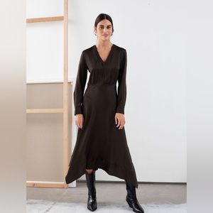 Striped Handkerchief Midi Dress - Black/Brown. Long sleeve.